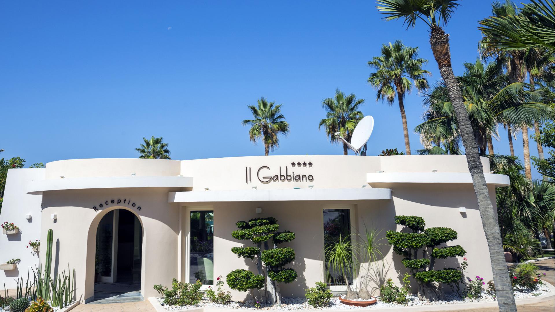 Eingang des Hotels Il Gabbiano mit Palmen und blauem Himmel.